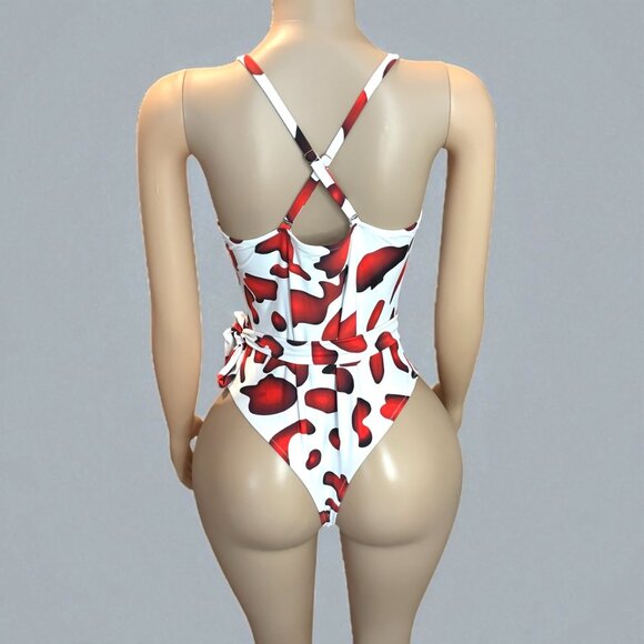 Red and White High Cut Women One-piece With Sash - Picture 3 of 8